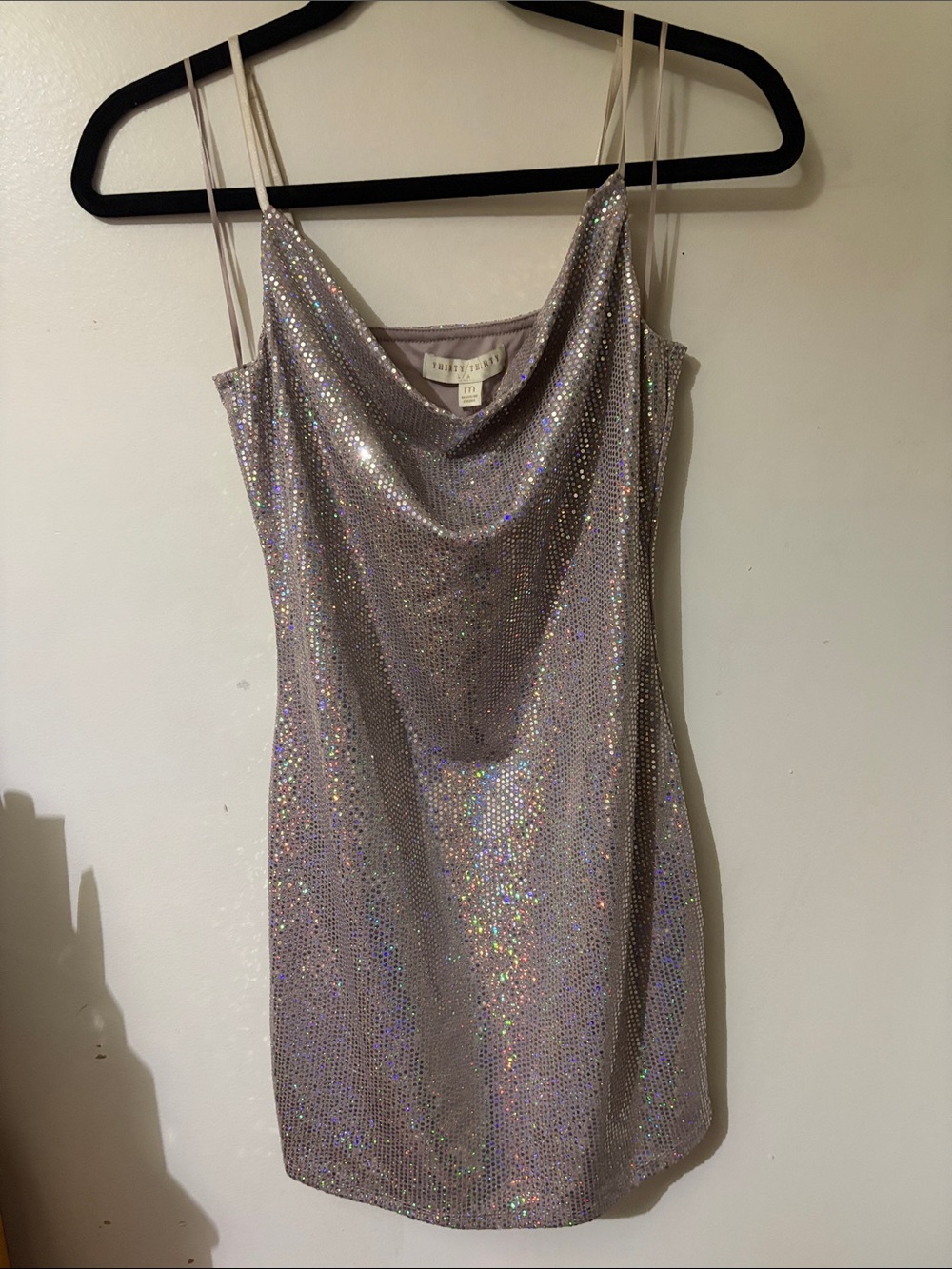 Iridescent Silver Sequin Cowl Neck Mini Dress